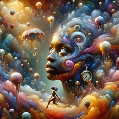 The primary subject of the image is a woman with a clock on her head. She is surrounded by a vibrant and colorful environment, which includes a variety of objects such as balloons, an umbrella, and a clock. The setting appears to be a surreal and imaginative space, possibly a painting or digital artwork. The visual style of the image is artistic and creative, with a focus on the woman and the unique elements in her surroundings. The colors and mood of the image are